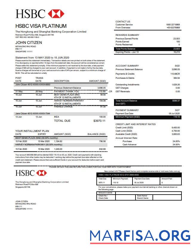 Downloadable Hong Kong HSBC bank Visa Platinum credit card statement word template